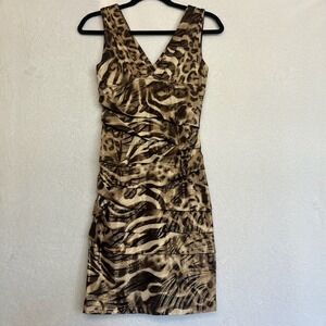 Animal Leopard Print Dress Brown Tan Gold‎ Sleeveless V-Neck Party Cocktail M